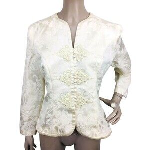 Vintage Brocade Pearl Buttons Embroidered High Shoulder Collarless Formal Jacket